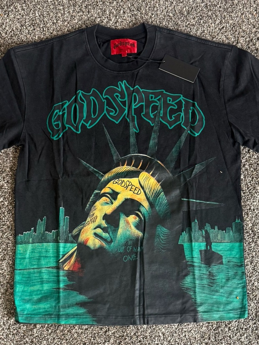 GODSPEED Black Graphic Dress Shirt with Teal Statue Motif